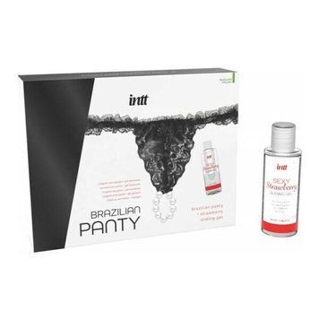 Набір Intt BRAZILIAN PANTY BLACK: трусики на резинці S-XL з перлинним кільцем + полунична змазка SO7129 фото