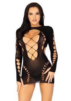 (SALE) Безшовна мінісукня Leg Avenue Long sleeve cut out mini dress One size Black SO8570 фото